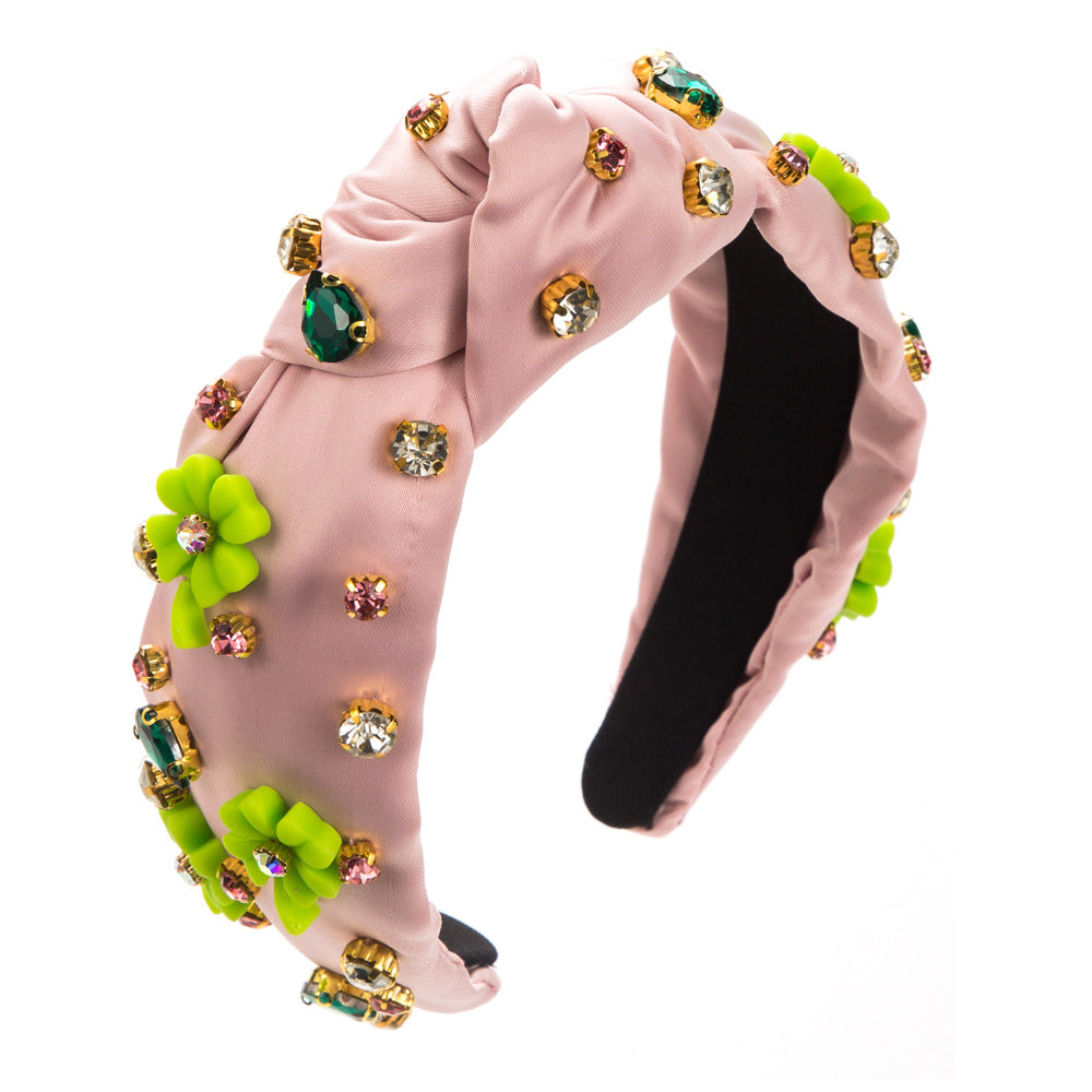 Wholesale St. Patrick's Day Dopamine Fabric Hand-stitched Glass Diamond Flower Headband